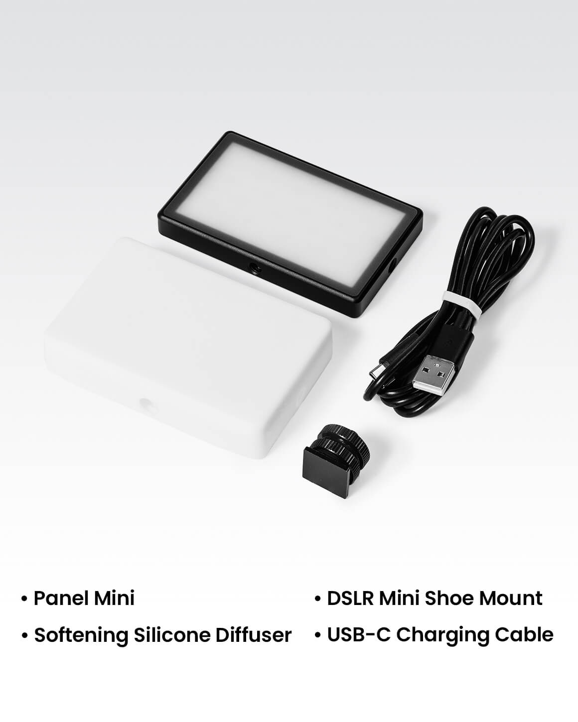 An array of accessories included with the Panel Mini LC-PANELMINI1