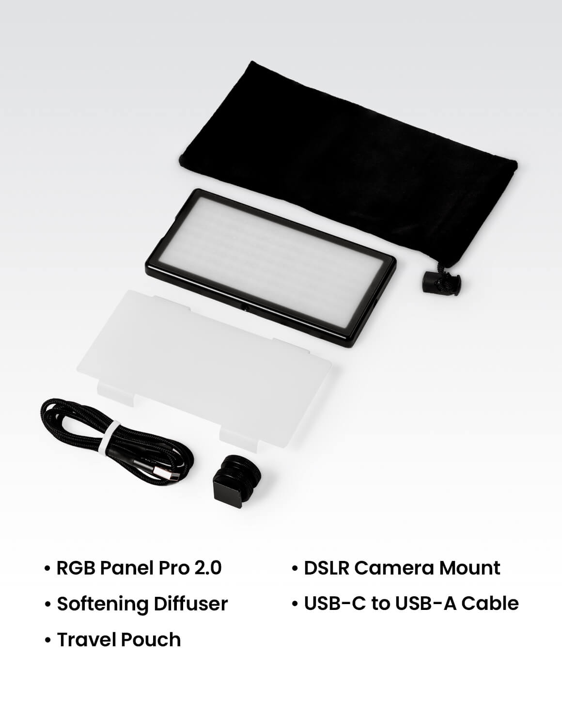 An array of accessories included with the RGB Panel Pro 2.0 LC-PANELPRO2
