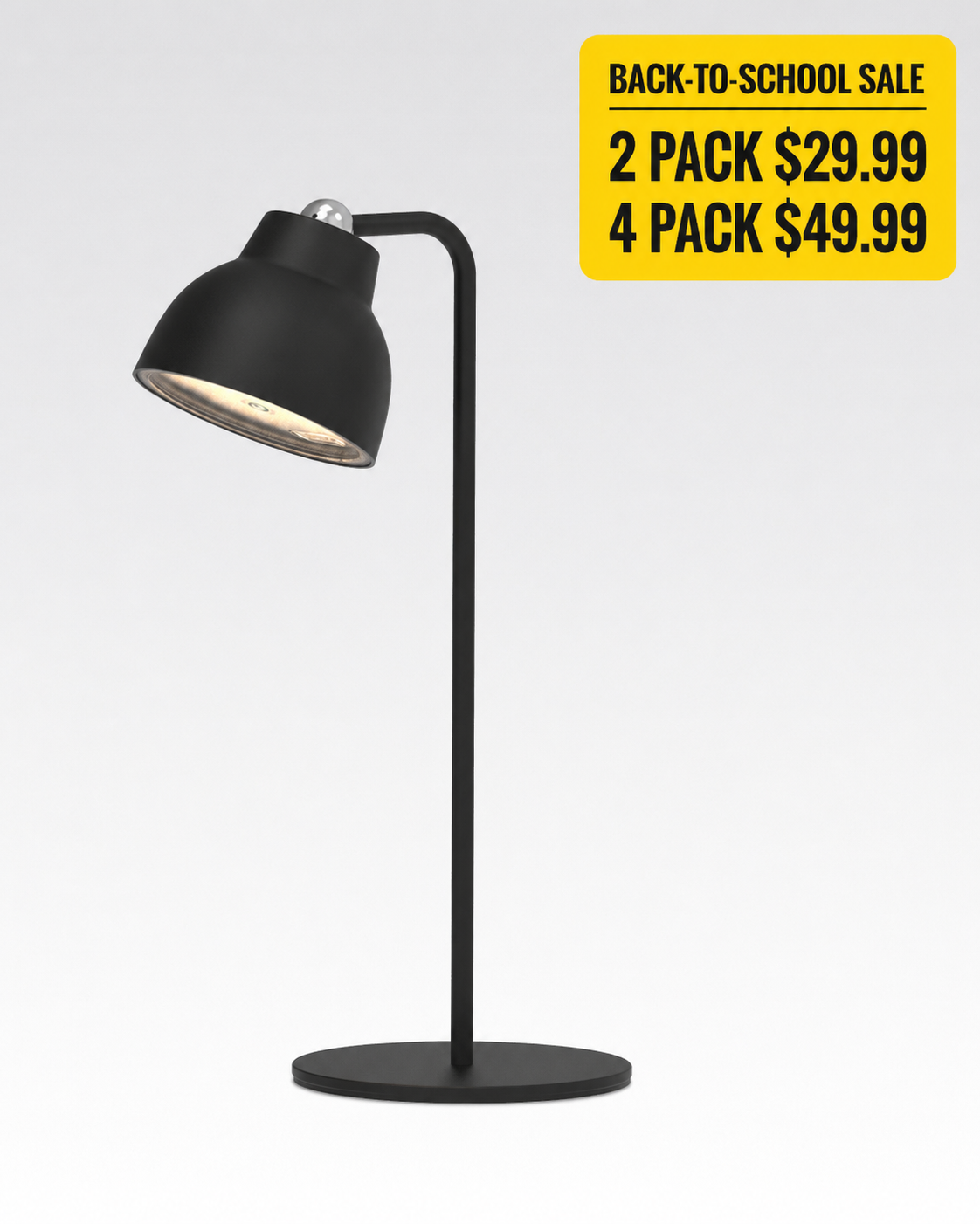 A matte black adjustable desk lamp with a dome-shaped shade and round base, shown on a light gray background with a yellow 'Back-to-School Sale' price sticker in the top right corner.