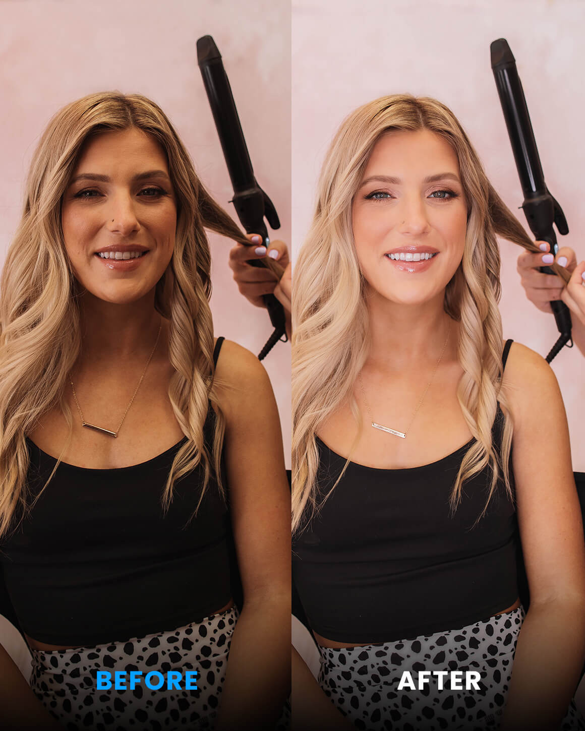 Side-by-side comparison of woman's appearance while getting hair styled with and without lighting from the Lume Cube Cordless 18" Ring Light.