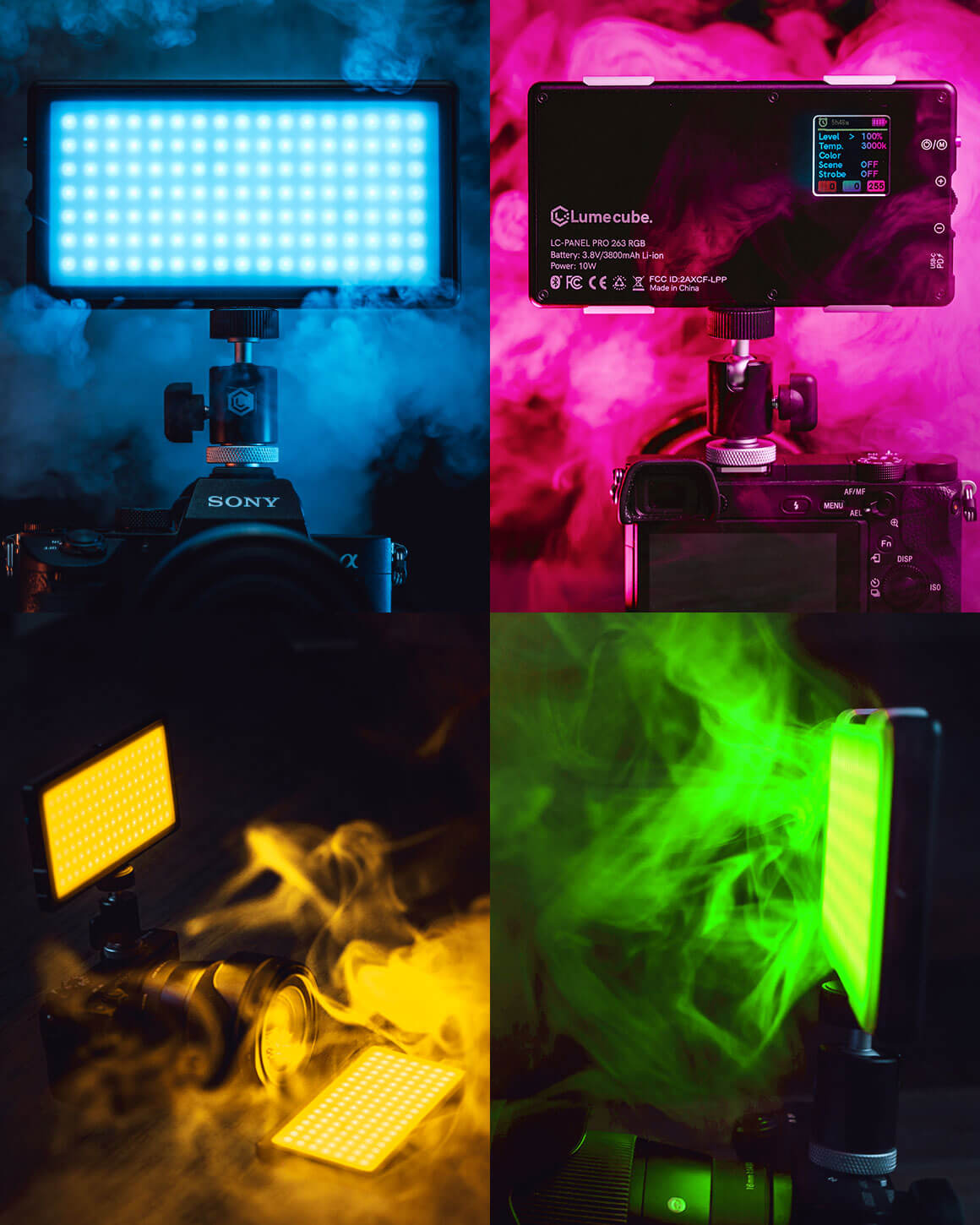 Smoke surrounding Lume Cube RGB Panel Pros with 263 blue LEDs glowing in various colors. LC-PANELPRO2