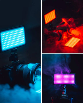 3 Lume Cube RGB Panel Pros surrounded in smoke with different color output settings to show endless color customization options.