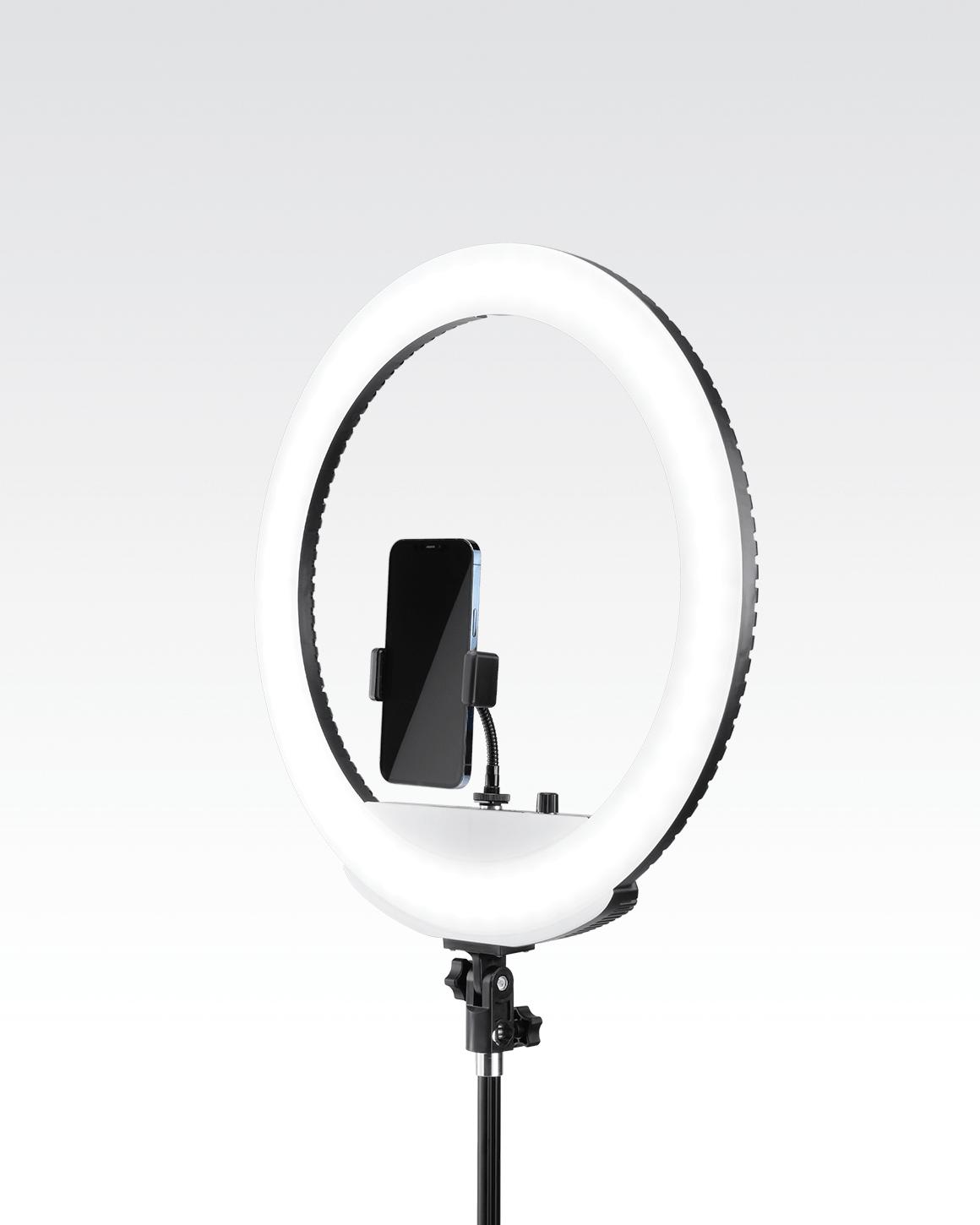 Lume Cube's Cordless 18" Ring Light with a smartphone attached in gooseneck mount. LC-RING18-NB