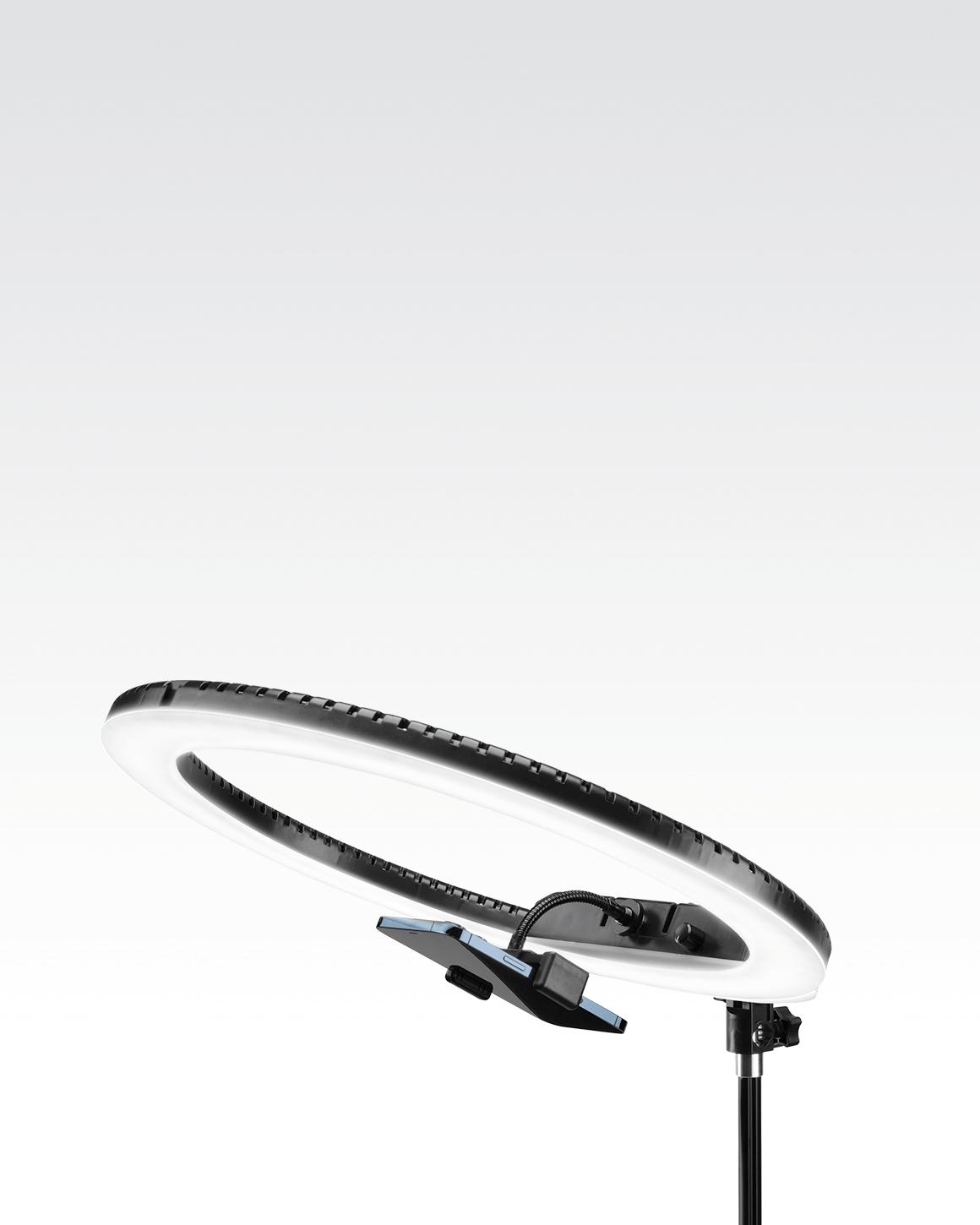 Lume Cube Cordless 18" Ring Light with head tilted at 45) down and smartphone attached in gooseneck mount. LC-RING18-NB
