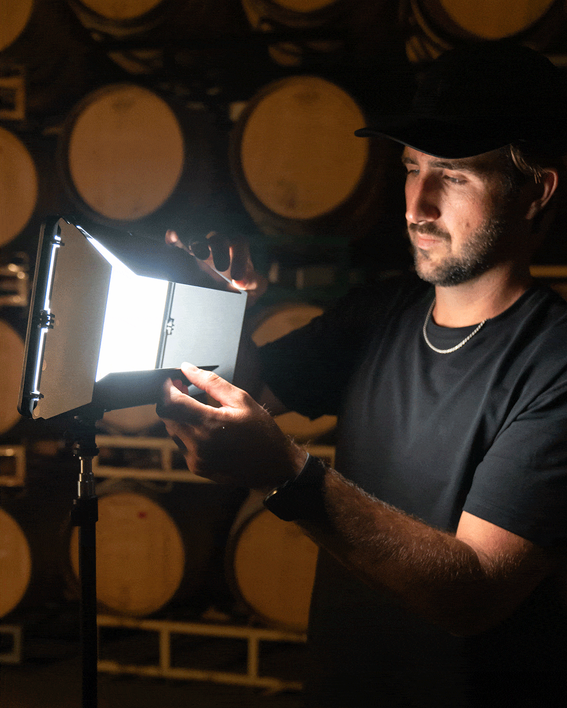 GIF video of man opening and closing barn door shutters on Lume Cube Studio Panel mounted on 70" Light Stand. LC-SB-STUDIOPANEL-3PACK