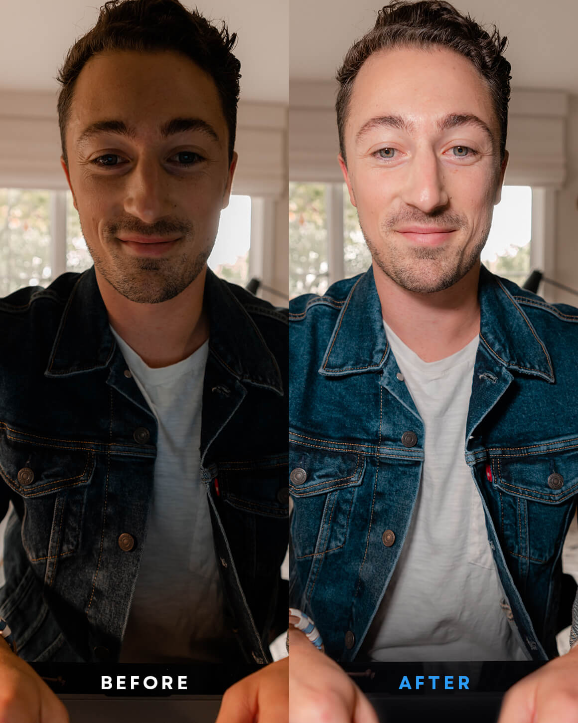 Side-by-side comparison of man's appearance with and without lighting from Lume Cube's Broadcast Lighting Kit. LC-BLK