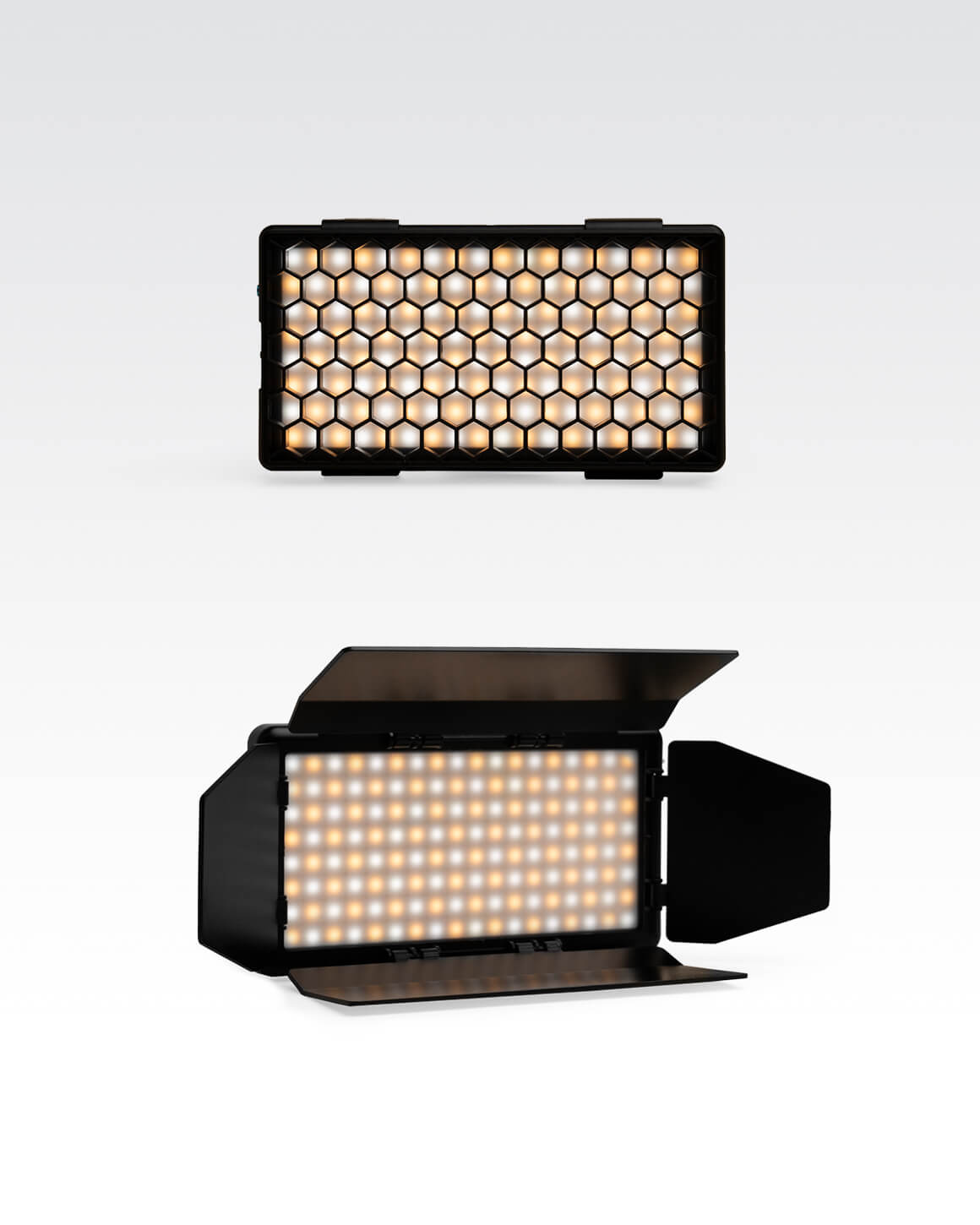 Lume Cube RGB Panel Pro Light Shaping Kit including RGB Panel Pro with Honeycomb Grid and Barn Doors accessories. LC-SB-PPRO2ACC
