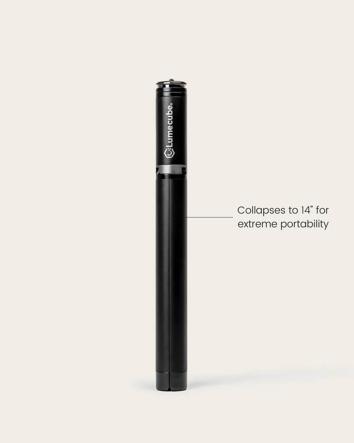 Black metal Lume Cube 5-Foot Adjustable Light Stand fully-collapsed to 14" for portability and travel. LC-STANDT60