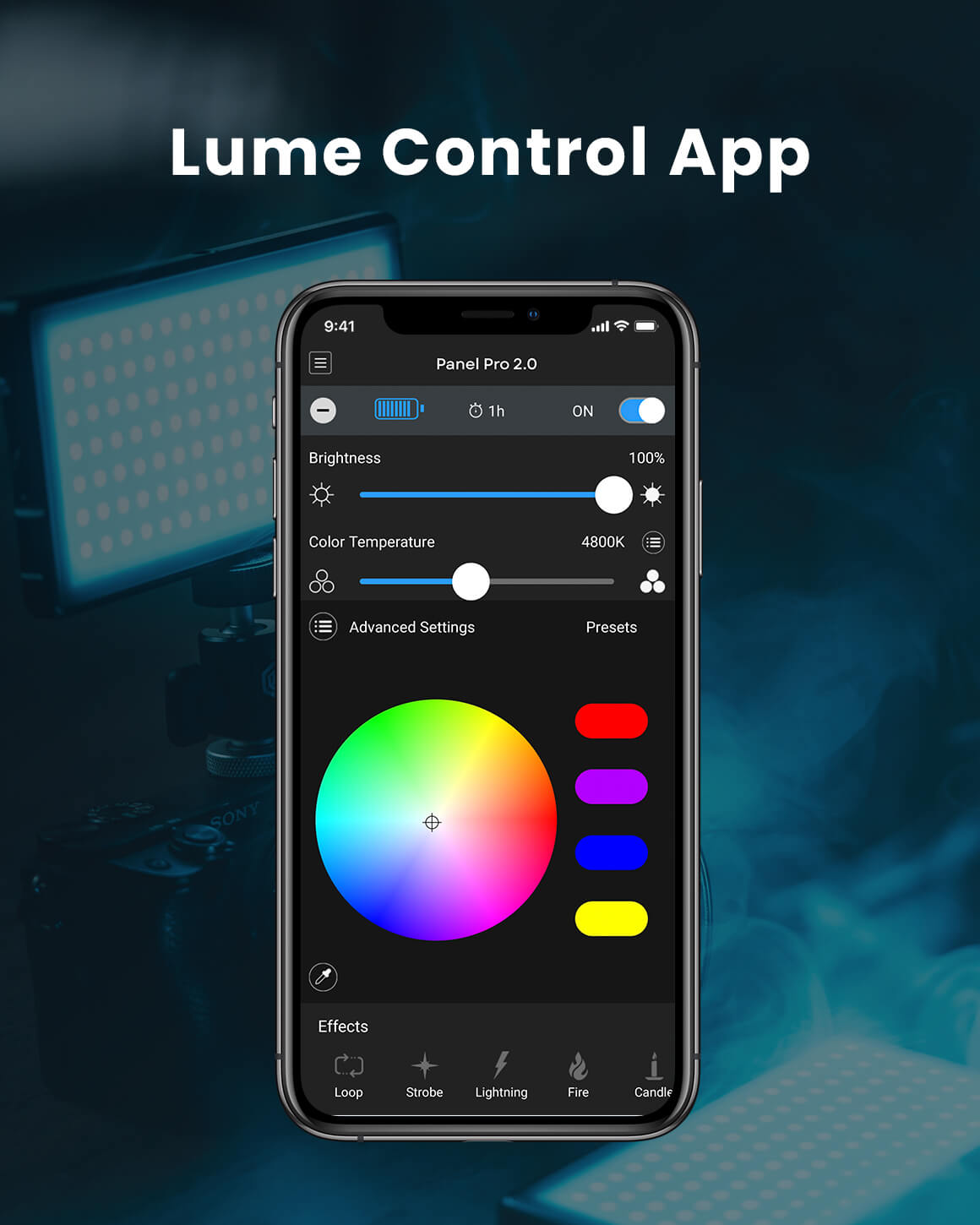 Close up view of the Lume Control App on a phone LC-SB-PRO2T60ACC