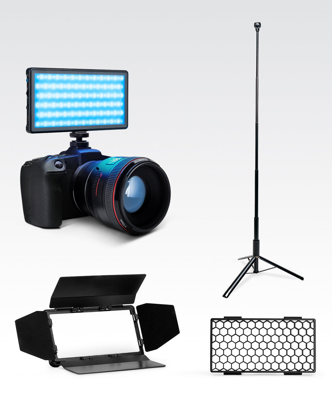 RGB Panel Pro 2.0 with Stand, Barn Doors, and Honey Comb Filter on white background LC-SB-PRO2T60ACC