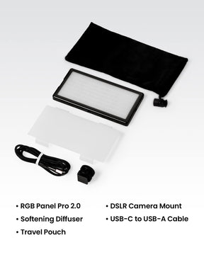 An array of accessories included with the RGB Panel Pro 2.0