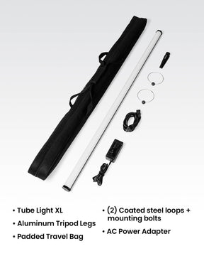 An array of accessories included with the RGB Tube Light XL