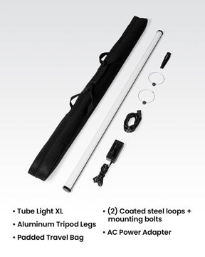 An array of accessories included with the RGB Tube Light XL LC-TLXL-2PK