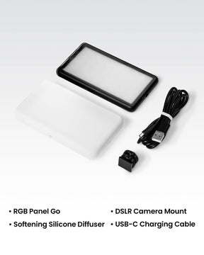 An array of accessories included with the RGB Panel Go