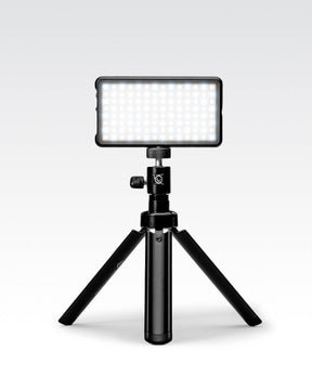Lume Cube 30" black metal Adjustable Light & Webcam Stand with Rotating Mount set up in compact configuration with an LED Panel Mini attached.