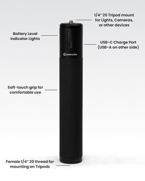 Black metal Lume Cube Power Grip Portable Battery with battery indicator lights, USB-A and USB-C charge ports, soft-touch grip, and two 1/4" 20 thread mounts.