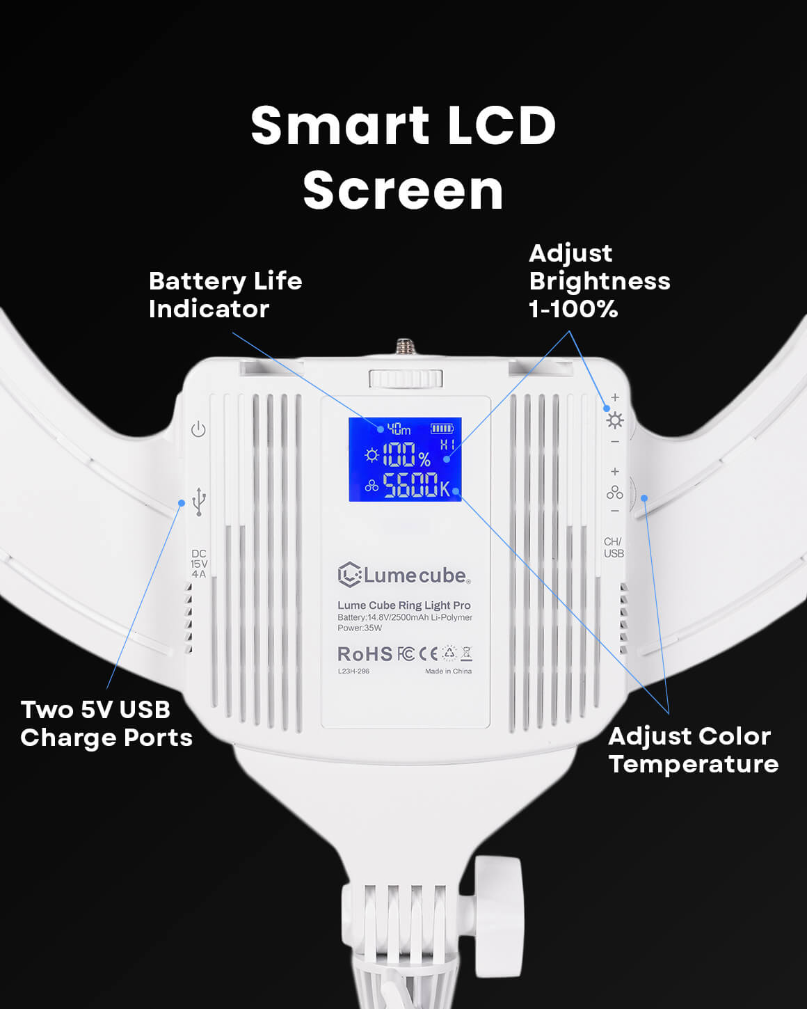 Smart LCD Screen on Lume Cube Cordless Ring Light Pro