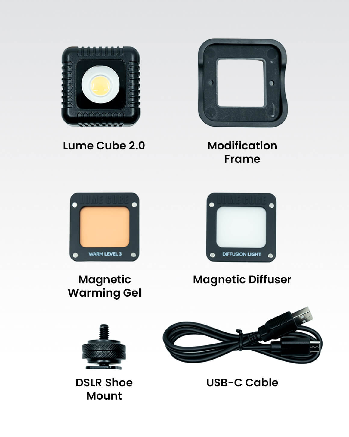 An array of accessories included with the Lume Cube 2.0