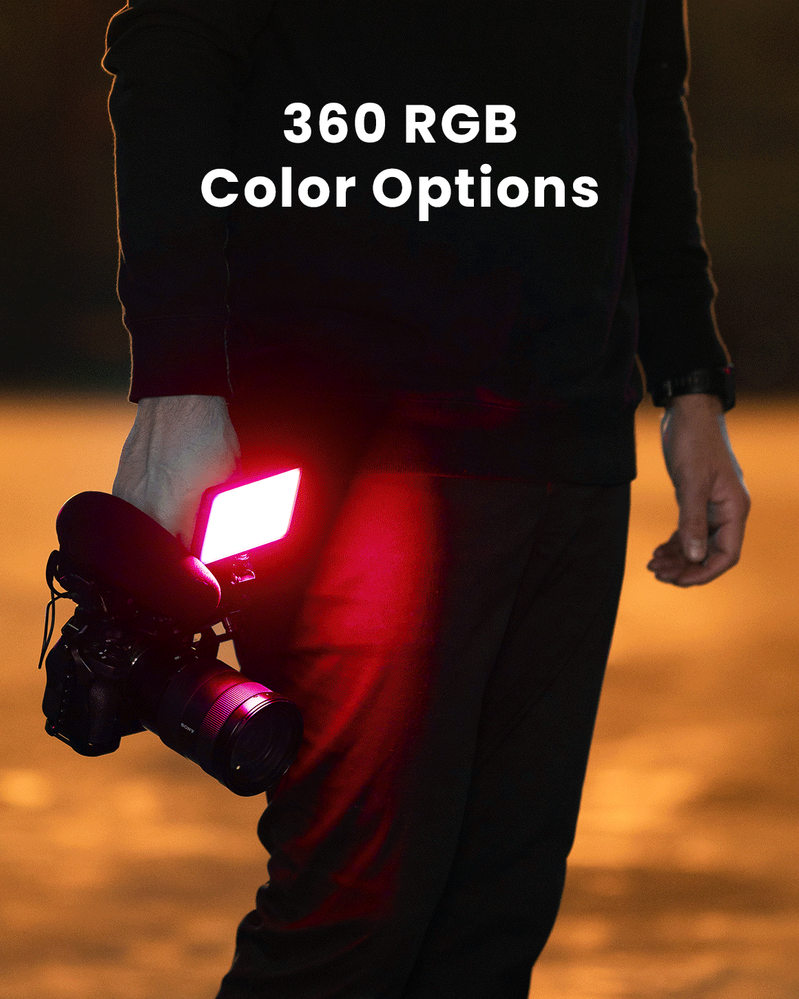 360 RGB Color Options shown flashing on Lume Cube RGB Panel Pro while mounted on camera at night.
