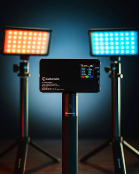 Orange and turquoise LEDs glowing on Lume Cube RGB Panel Gos.
