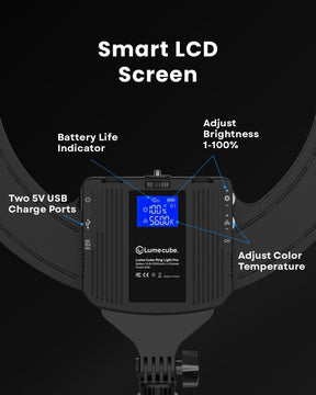 Black back of the Ring Light's Smart LCD Screen showing the dynamic Battery Life Indicator and output settings. LC-RINGPRO-CR