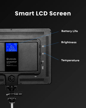 Back side of Lume Cube Studio Panel showing Smart LCD Screen with dynamic battery life indicator and temperature and brightness settings. LC-SB-SPT70BARN