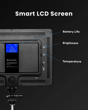 Back side of Lume Cube Studio Panel showing Smart LCD Screen with dynamic battery life indicator and temperature and brightness settings.