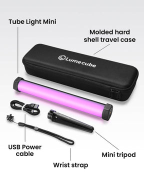 An array of accessories included with the RGB Tube Light Mini