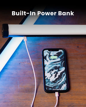 RGB Tube Light XL with phone attached via charging cable LC-TLXL-2PK