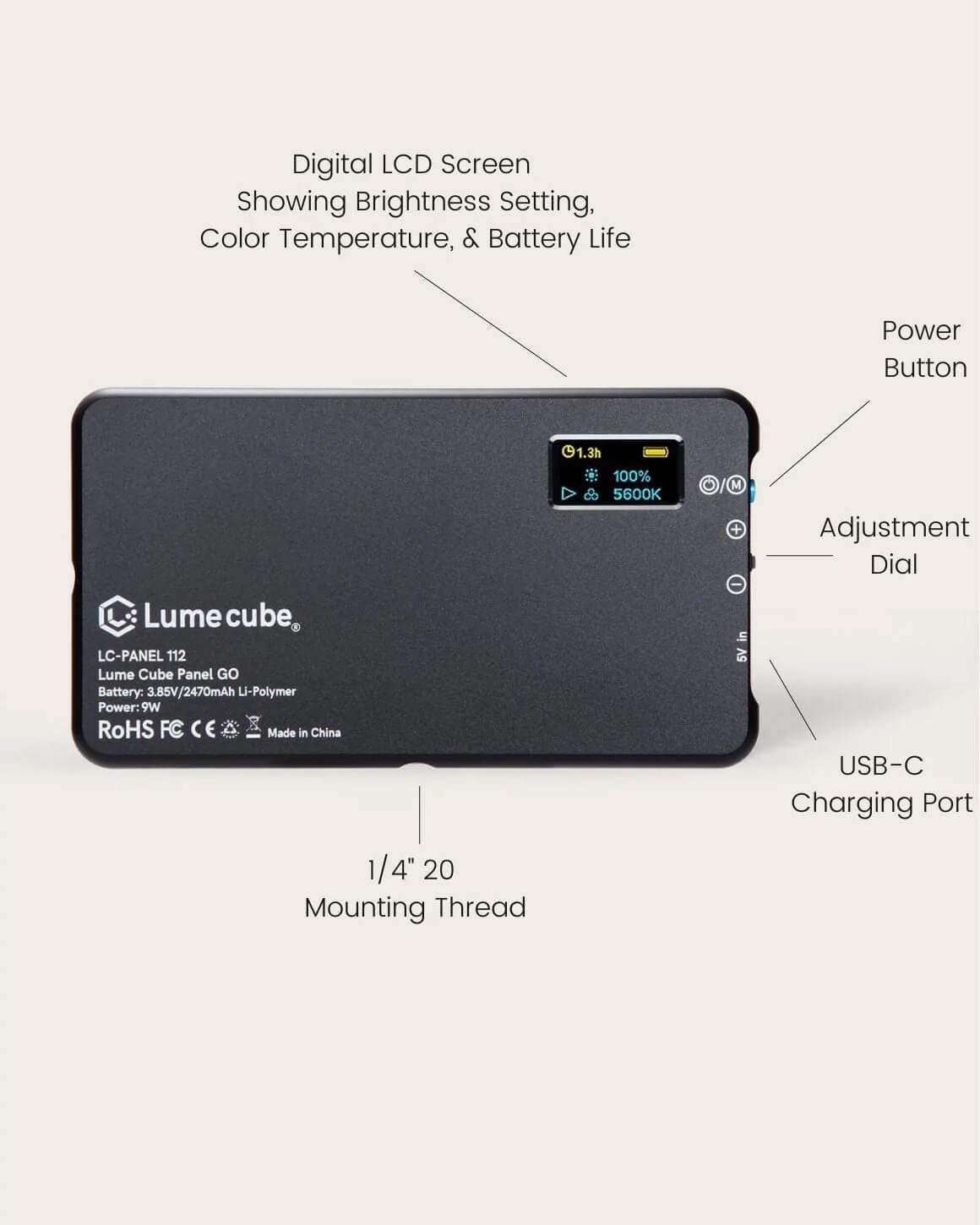 Back view of the black 4" Lume Cube Panel GO explaining all buttons and LCD screen indicators on the LED light panel. LC-SB-DLX