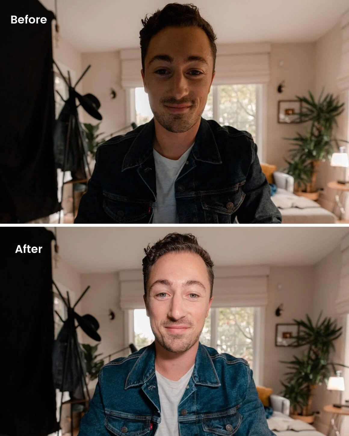 Stacked comparison of man's appearance with and without lighting from Lume Cube's Broadcast Lighting Kit. LC-SB-DLX