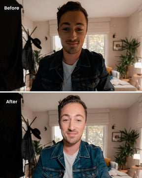 Stacked comparison of man's appearance with and without lighting from Lume Cube's Broadcast Lighting Kit. LC-SB-DLX