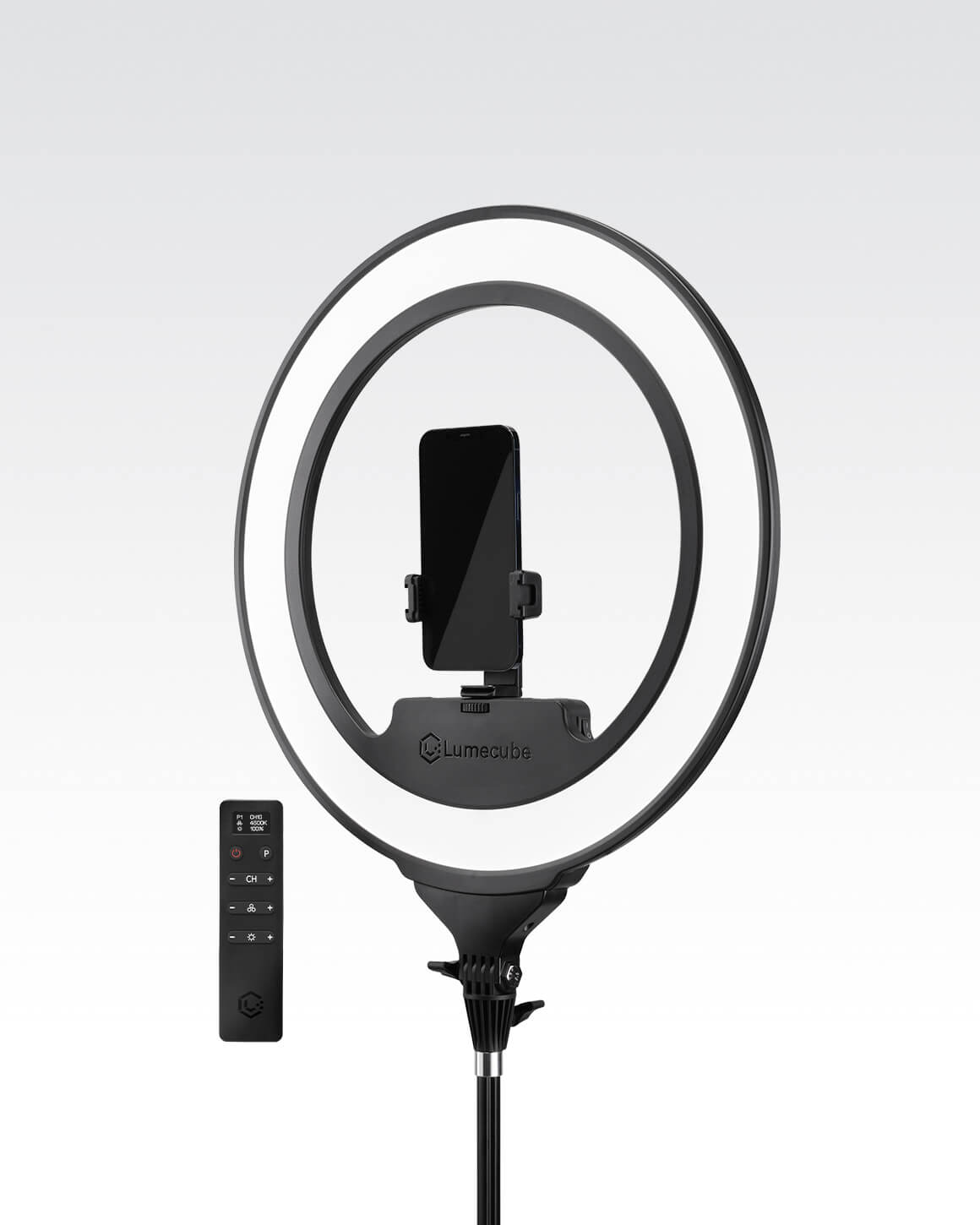 Cordless LED Ring Light Pro with a smartphone mount and wireless remote control.