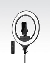 Cordless LED Ring Light Pro with a smartphone mount and wireless remote control. LC-RINGPRO-CR