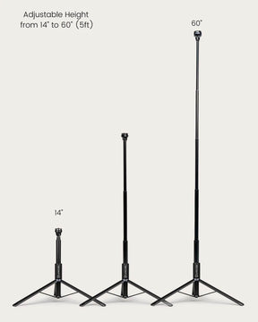 3 black Lume Cube 5-Foot Adjustable Light Stands at varying heights, ranging from the shortest 14" to max height 60".