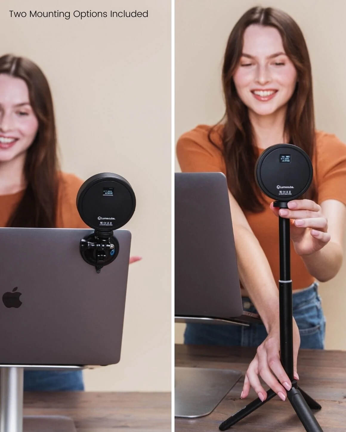 Woman using both mounting options, the Suction Mount and Stand, included with the 3.5" diameter VC-Lite LED with Stand.