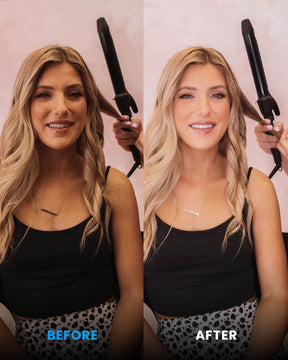 Side-by-side comparison of woman's appearance while getting hair styled with and without lighting from the Lume Cube Cordless 18" Ring Light.