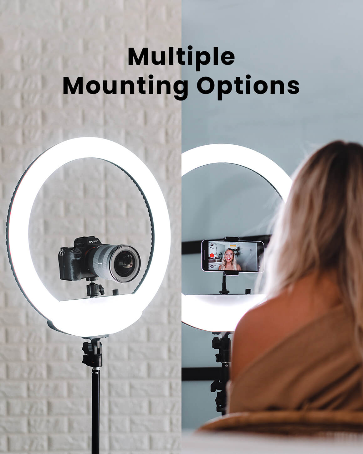 Images showing multiple mounting options for smartphones and DSLR cameras on the Lume Cube Cordless 18" Ring Light.