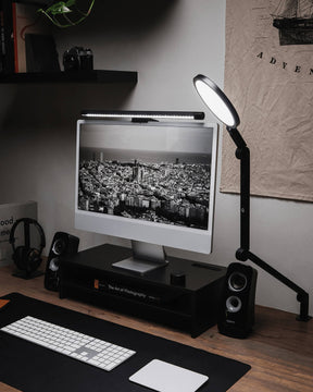 desk, keyboard, and computer with Monitor Light Bar and Edge Light