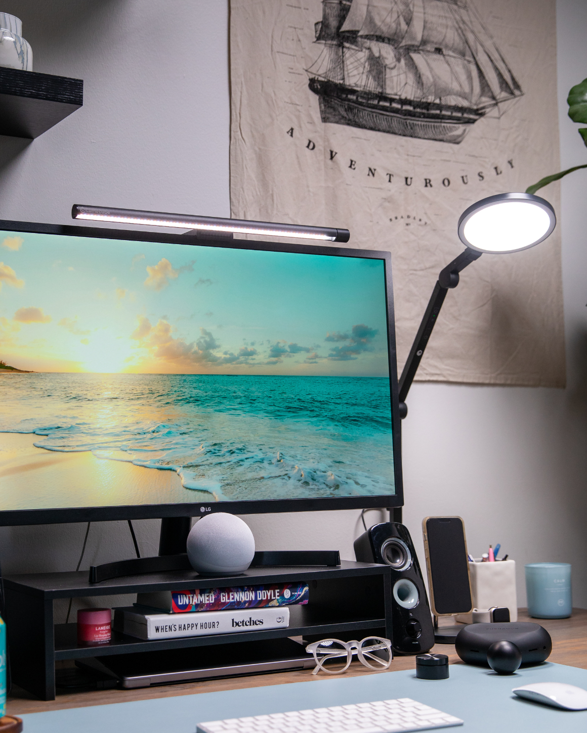 desk, keyboard, and computer with Monitor Light Bar and Edge Light