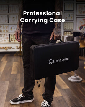 Professional Carrying Case.  1-foot by 1.5-foot black custom branded cary case for protection and transporting Lume Cube Flex Light Pro.