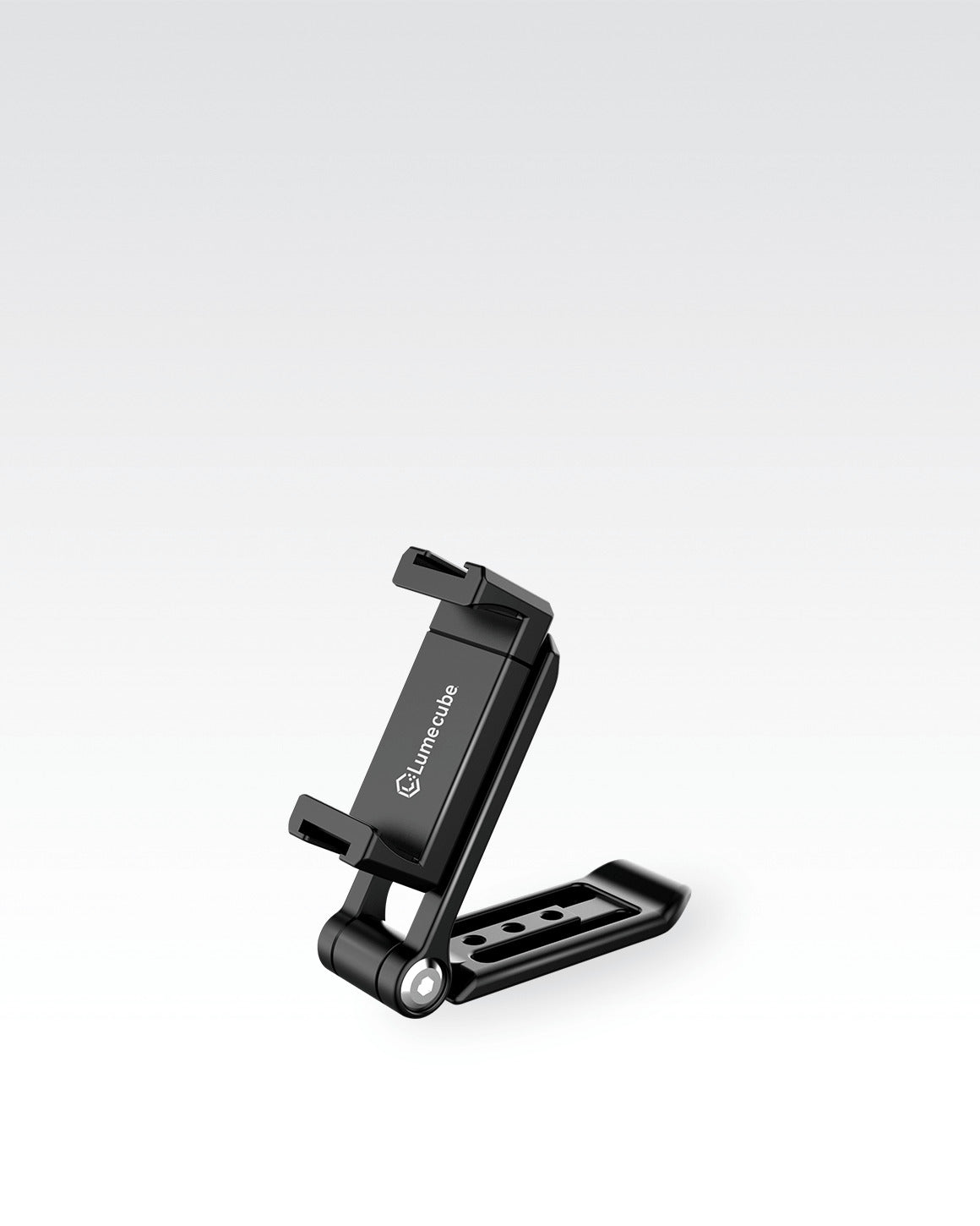 Black aluminum adjustable tilting and twisting Lume Cube Mobile Phone Clip.