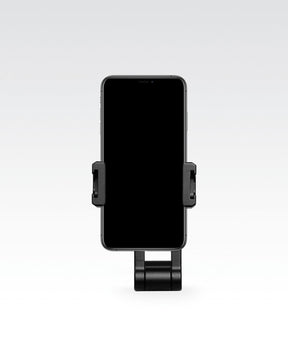 Black aluminum adjustable, tilting and twisting Lume Cube Mobile Phone Mount with smartphone attached in portrait orientation.