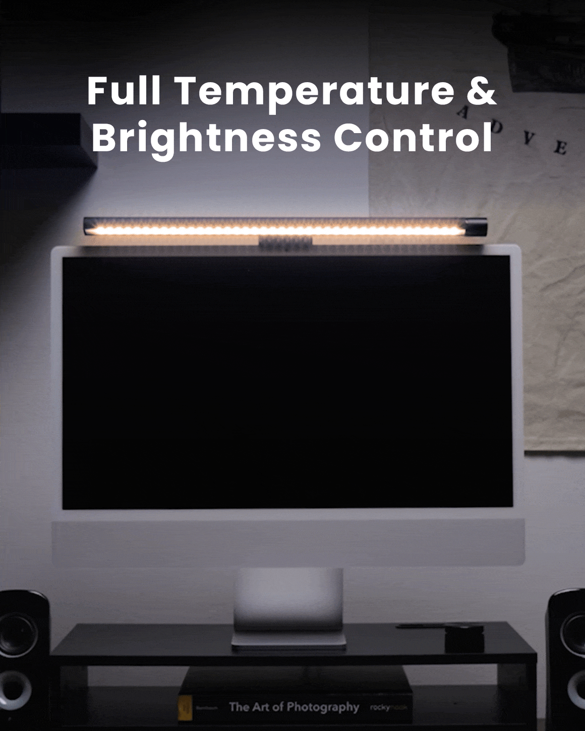 GIF video of Lume Cube Monitor Light Bar adjusting from warm to cool color temperature light output at desk.