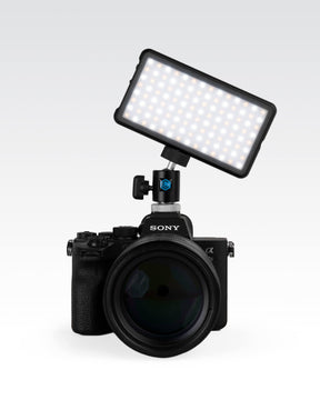 Panel Go Light mounted and tilted  to DSLR camera with DSLR Mount