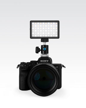 Panel Mini Light mounted to DSLR camera with DSLR Mount