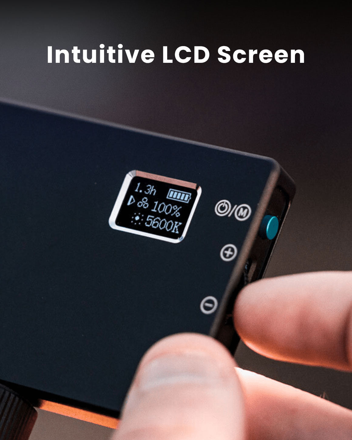 Intuitive LCD Screen.  Backside of credit-card-sized LED lighting panel showing LCD settings and battery indicator screen.