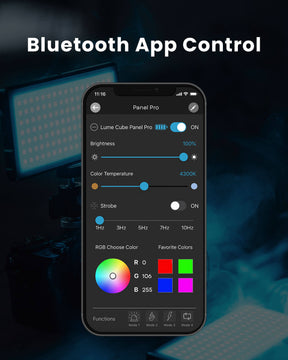 Bluetooth App Control.  Phone interface of the app to control Lume Cube RGB Panel Pro.