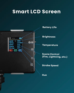 Back side of Lume Cube RGB Panel Pro showing intelligent LCD settings control screen and dynamic battery life indicator.