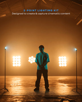 Dancer in studio with 2-point RGB colored lighting for cinematic content creation using Lume Cube RGB Panel Go Creator Kit.